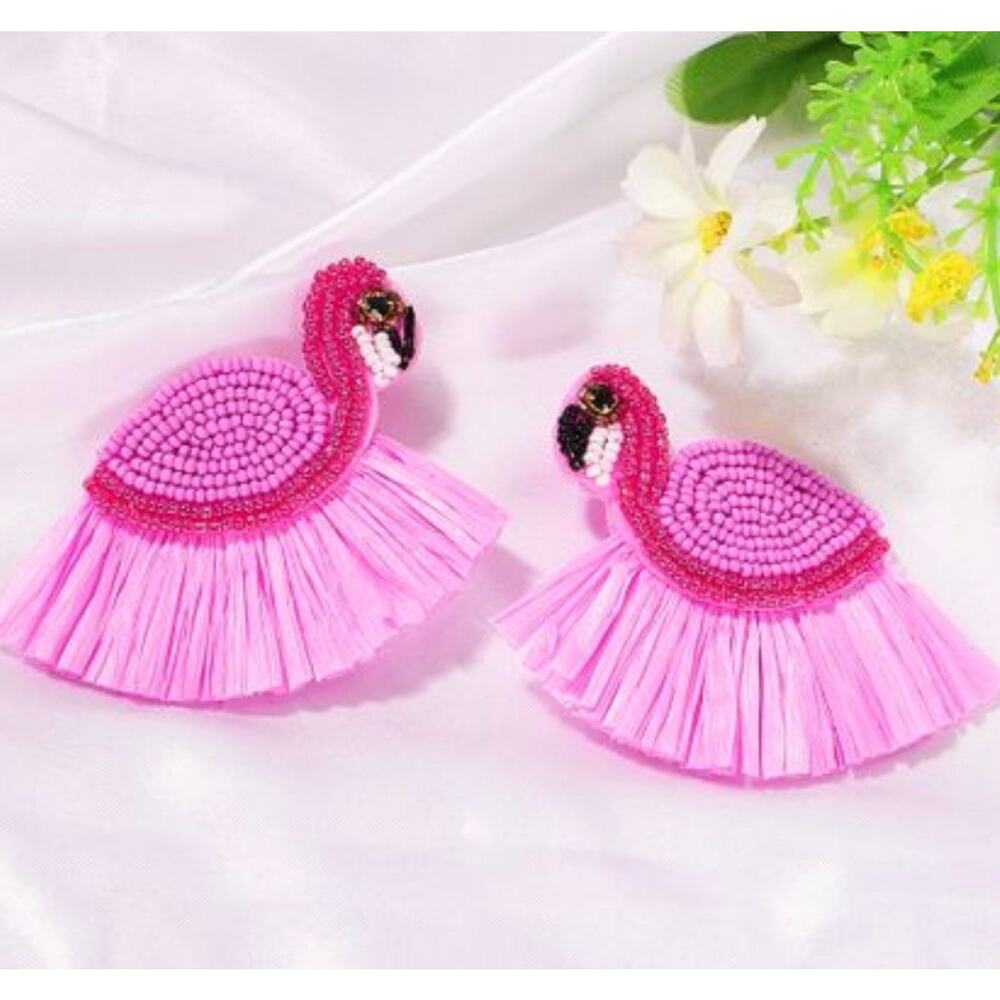 Flamingo Beaded and Raffia Earrings